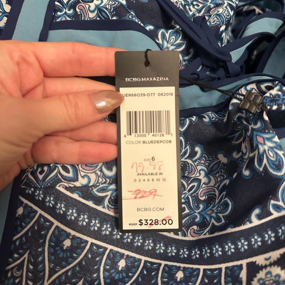 BCBGMaxAzria Navy and White Paisley Maxi Dress with Scarf Hem - Picture 3 of 3